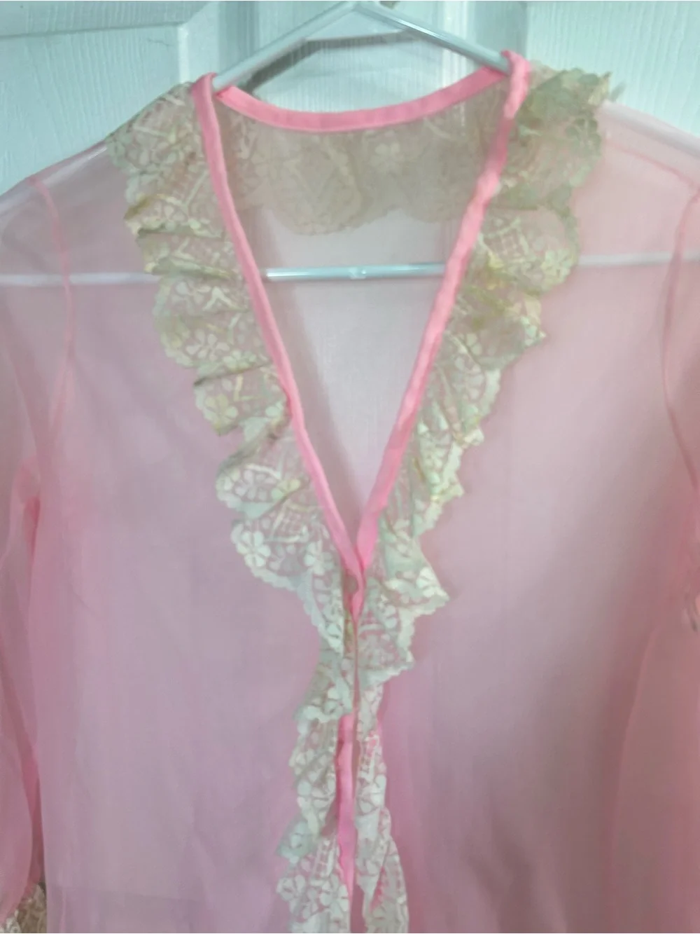 Vintage Pink Sheer Bed Jacket Peignoir Cream Lace Coquette Size 10